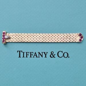 Vintage Tiffany & Co. 14k Yellow Gold Diamond Ruby Mesh Bucker Adjustable Ring.